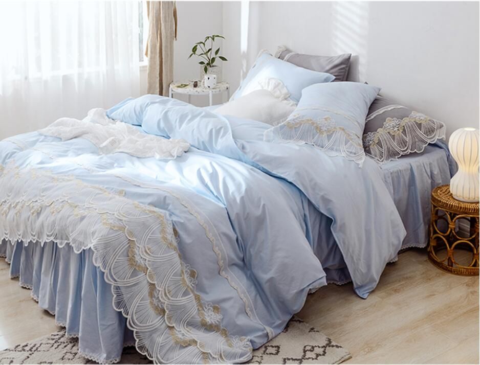 Blue Princess Lace Bedding Set King Queen Twin Size Girls Bed Set Solid Soft Bed Sheet Duvet Cover Set Bed Skirt Home Textile From Huyiping83 55 53 Dhgate Com