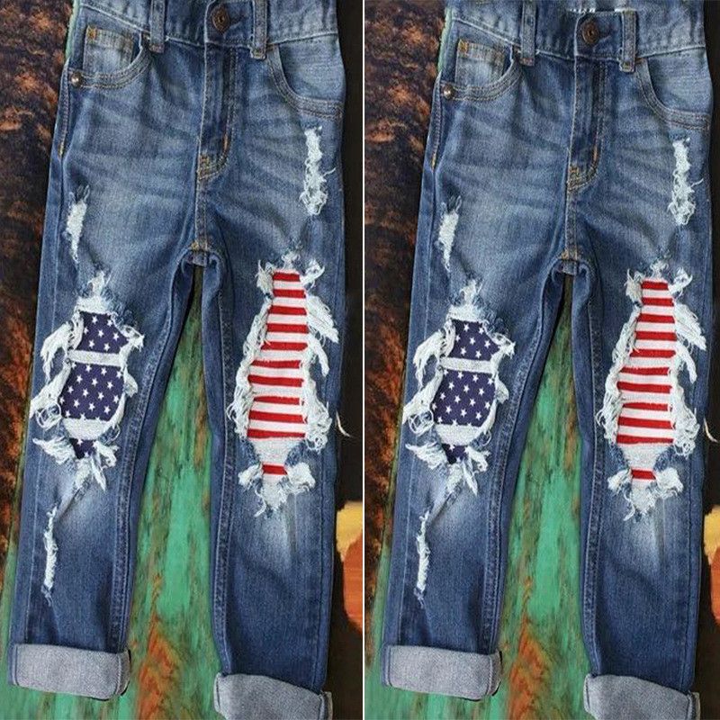 Womens Designer Jeans USA National Flag Patchwork Solid Color Ripped