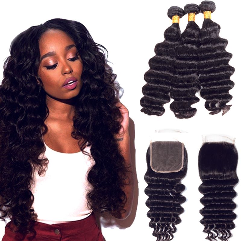 2019 Indian Loose Deep Huam Hair Bundles With Closure 8amalaysian