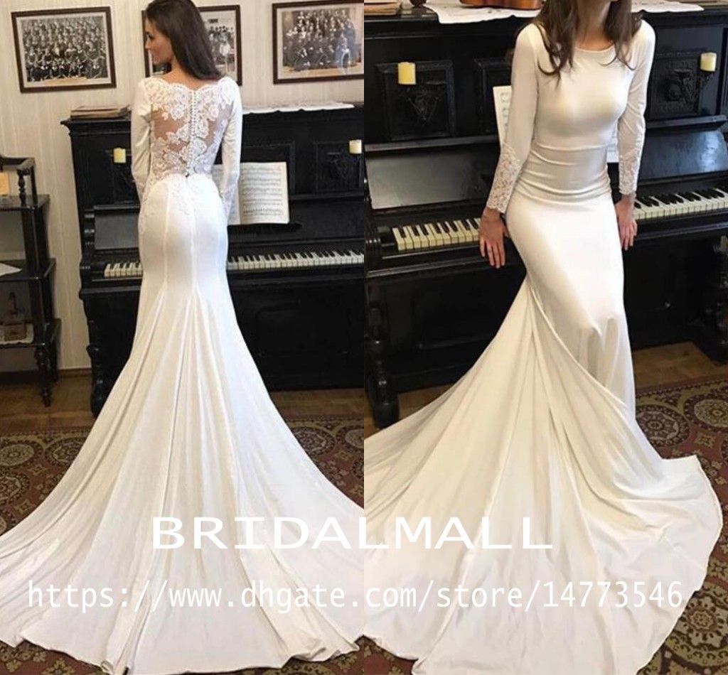 Soft Ivory Satin Long Sleeves Mermaid Wedding Dresses Lace Appliqued Trumpet Bridal Gowns Hollow Button Back Bride Dresses Vestidos De Novia From Bridalmall 118 4 Dhgate Com