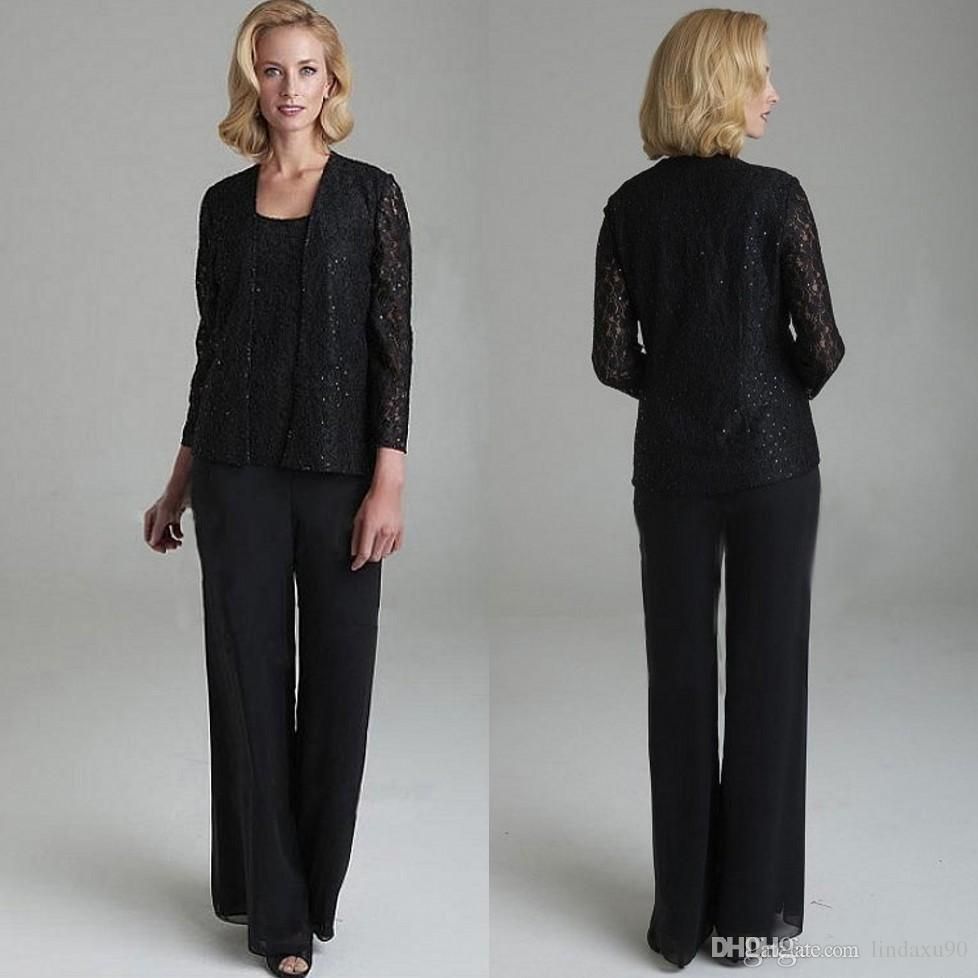 Elegant Black Lace Mother Of The Bride Pant Suits With Jackets Three ...