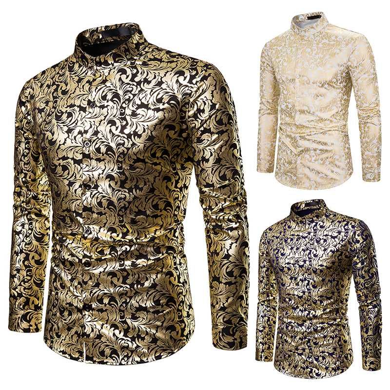 2020 Shirt Men Hipster Luxury Black Gold Bronzing Printed Slim Long