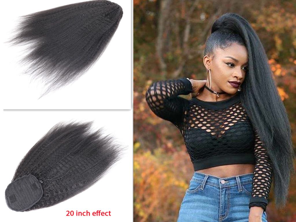 African Clip Long kinky straight drawstring ponytail Virgin hair Extension  Natural color Clip in Coarse yaki ponytail hairpiece about 20inch