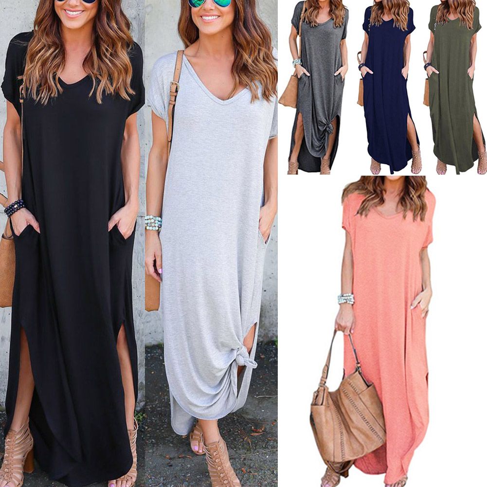 grecerelle women's casual loose pocket long dress short sleeve split maxi dresses