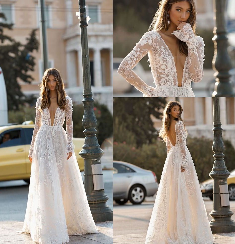 deep v neck lace wedding dress