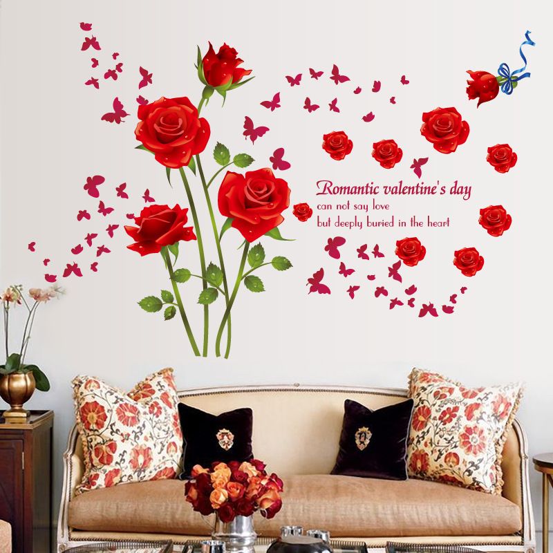 Romantic Red Rose Wall Stickers Living Room Bedroom European Art Mural  Valentine's Day Wedding Poster Wallpaper Decal Home Decor