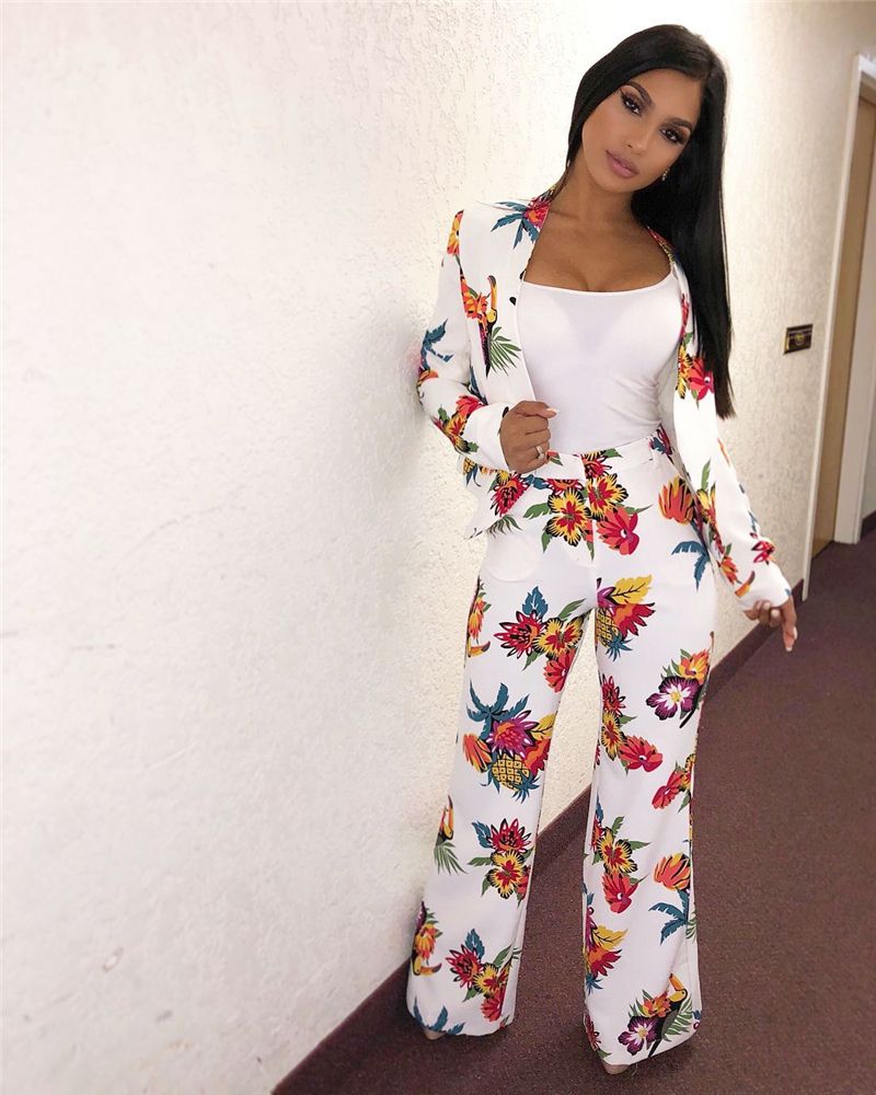 Women Floral Print OL White Pant Suits 