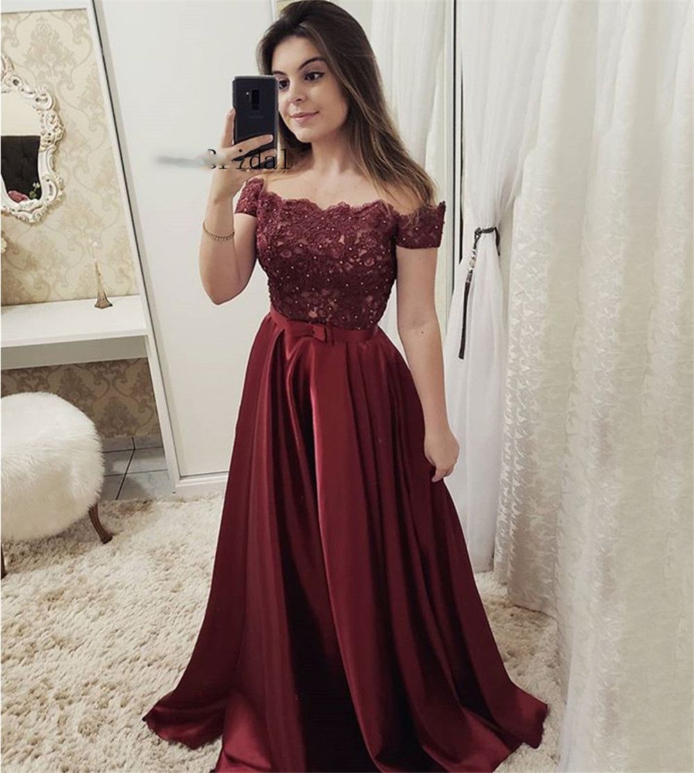 Vestido De Satén 2019 Prom Cuello Barco Fuera Del Hombro Vestidos Para Formales De Rojo Oscuro Vestidos De Fiesta De Las Mujeres Por Encargo De 97,61 € | DHgate