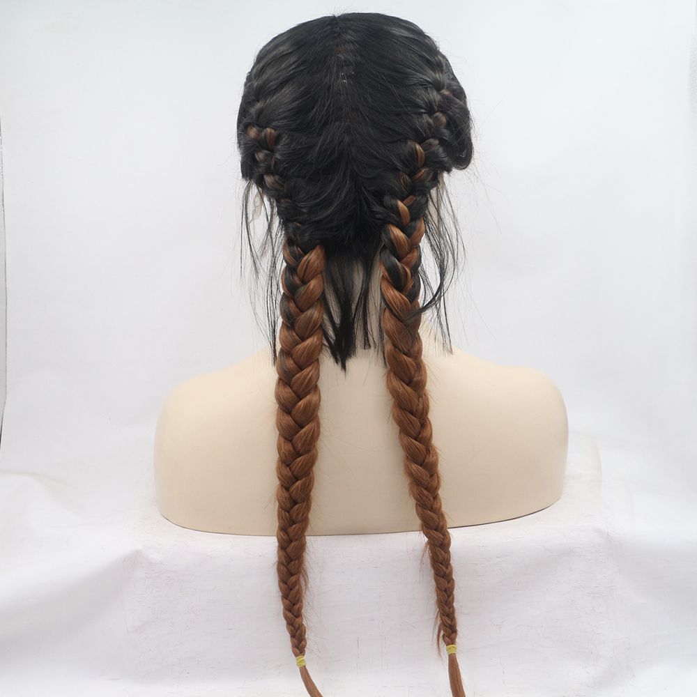 Middle Part Long Double Braids Straight Natural Black Purple Ombre Brown  Braided Synthetic Light Brown Swiss Lace Front Wig With Baby Hair