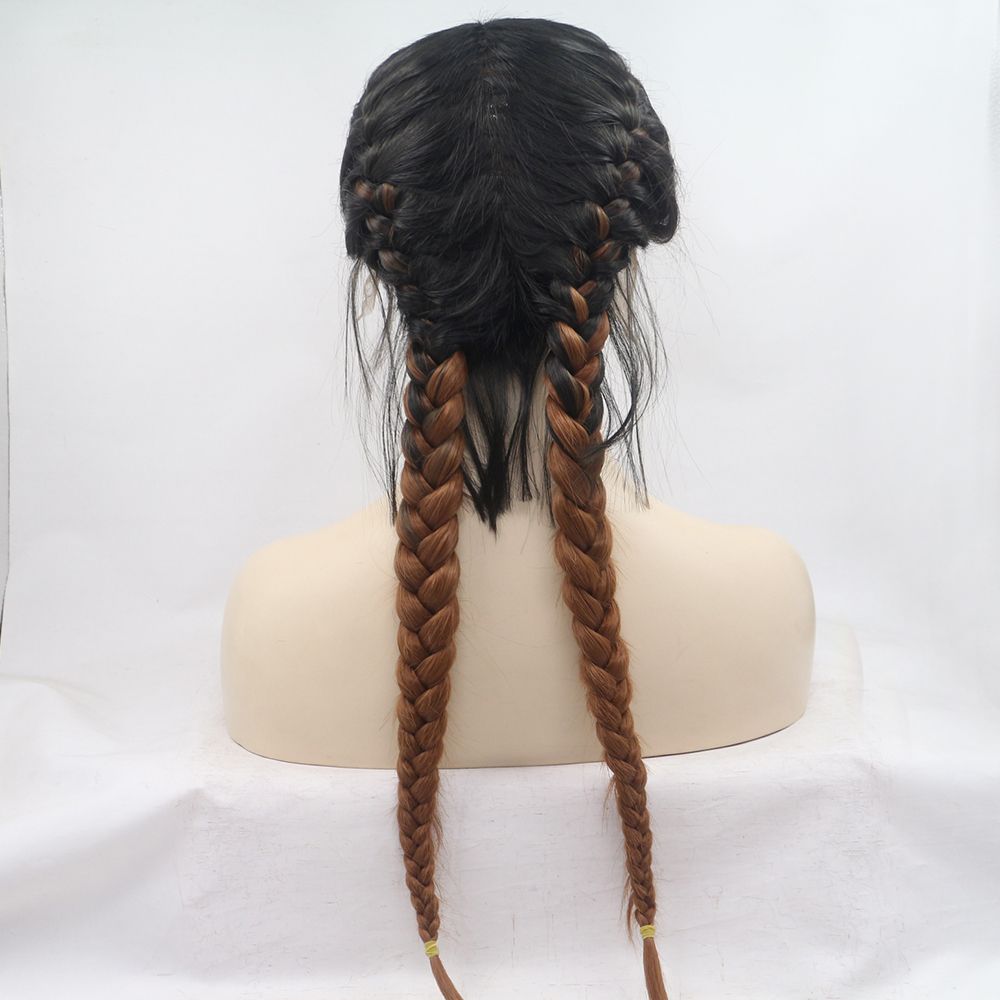 Middle Part Long Double Braids Straight Natural Black Purple Ombre Brown Braided Synthetic Light Brown Swiss Lace Front Wig With Baby Hair Middle Part Long Double Braids Straight Natural Black Purple Ombre Brown Braided Synthetic Light Brown Swiss Lace Front Wig With Baby Hair