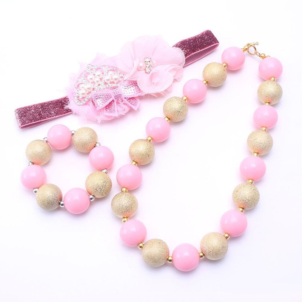 Newest Gold+Pink Color Design Necklace&Bracelet Headband Jewelry Set