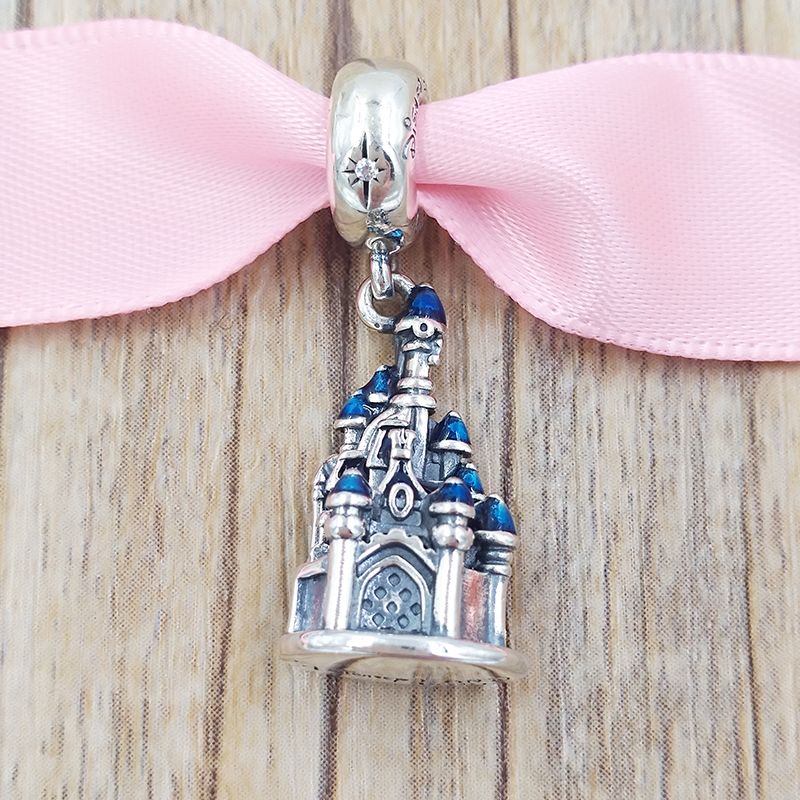 Castle on Pink Heart Charm, Fit Pan Bracelet, 925 Sterling Silver 