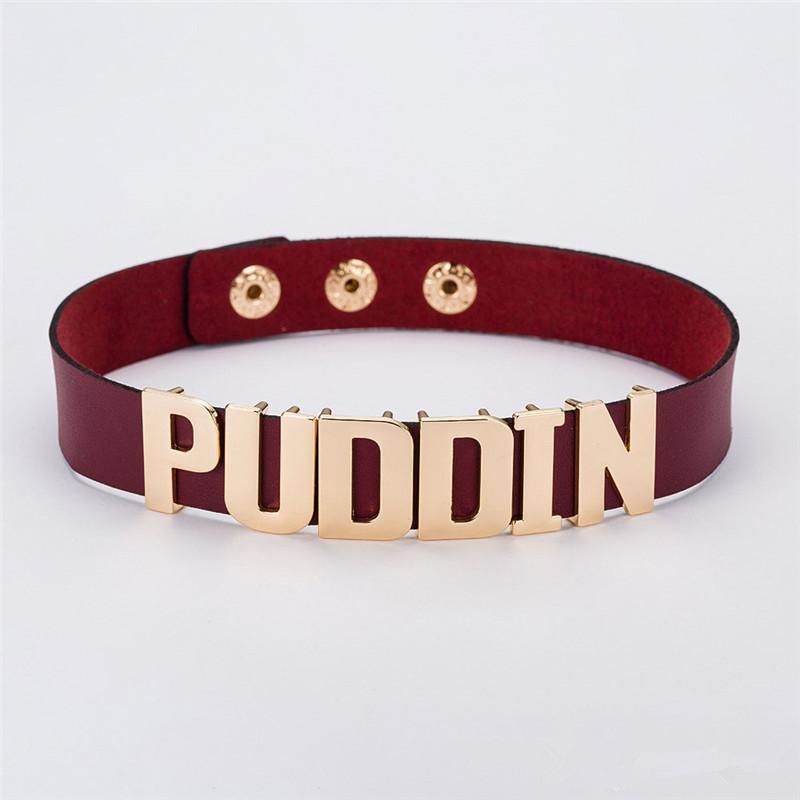 Puddin Necklace and Rivets bracelet Leather Choker Necklace Cosplay Choker Letter Collor Cosplay Accessory for Women and Girls Halloween Party