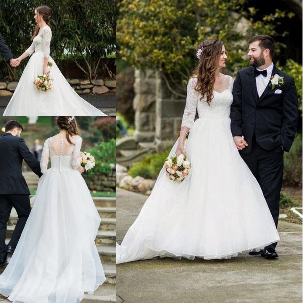 Acquistare Abiti Da Sposa A Trapezio In Organza A Maniche Lunghe 2020 Gonna  A Balze In Pizzo Con Scollo A Cuore Bottoni Coperti Abito Da Giardino Da  Giardino Esterno Economico | Consegna