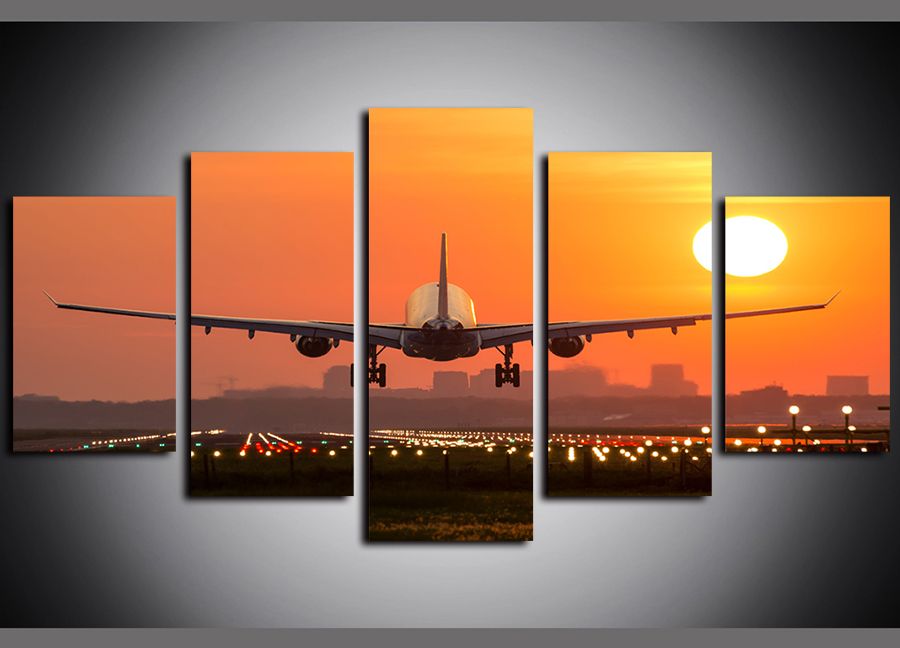 2020 5 Panels Airplane Sunset Artwork Giclee Canvas Print Modern