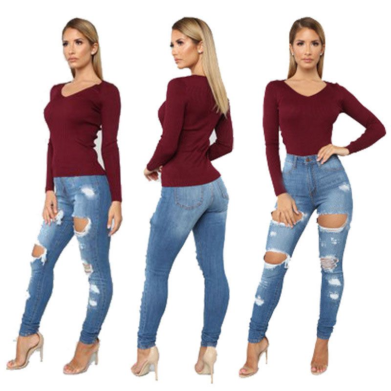 Compra 2020 Mujeres Flacas Rasgado Vaqueros Del Agujero De Las Señoras De  Empuje Hasta Mediados De Cintura Dril De Algodón Bragas Ocasionales De Los Pantalones  Slim Fit Mujer Pantalones Largos Envío Actualiza