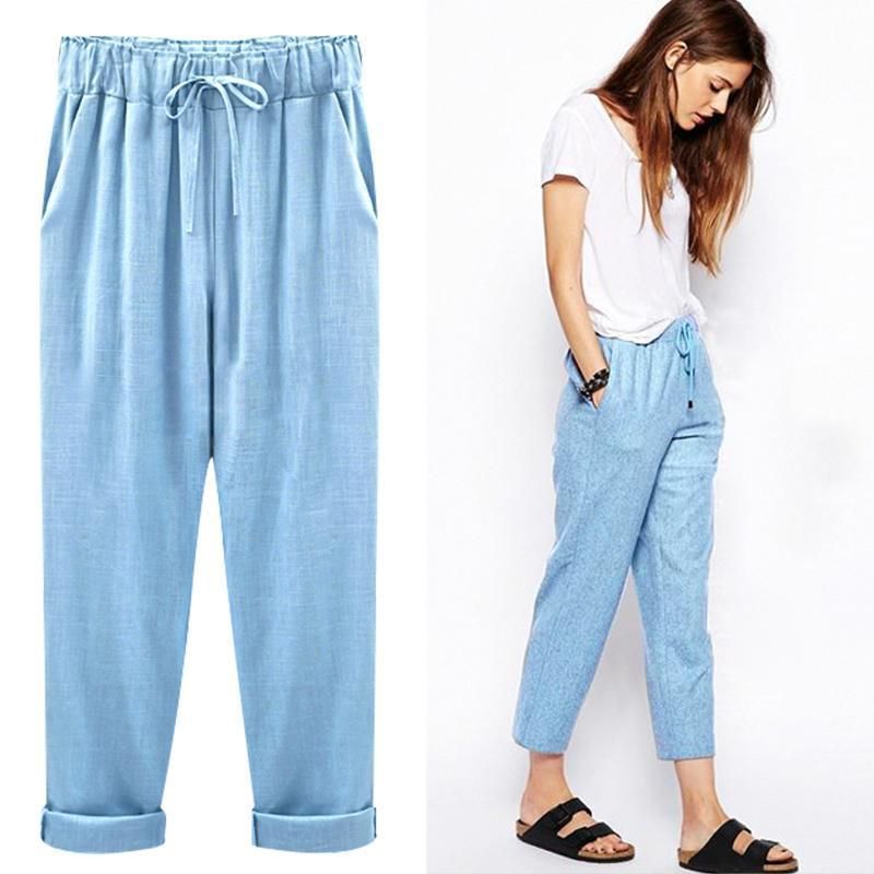 2019 Pantalón de lino Casual para mujer de algodón de lino cintura elástica de