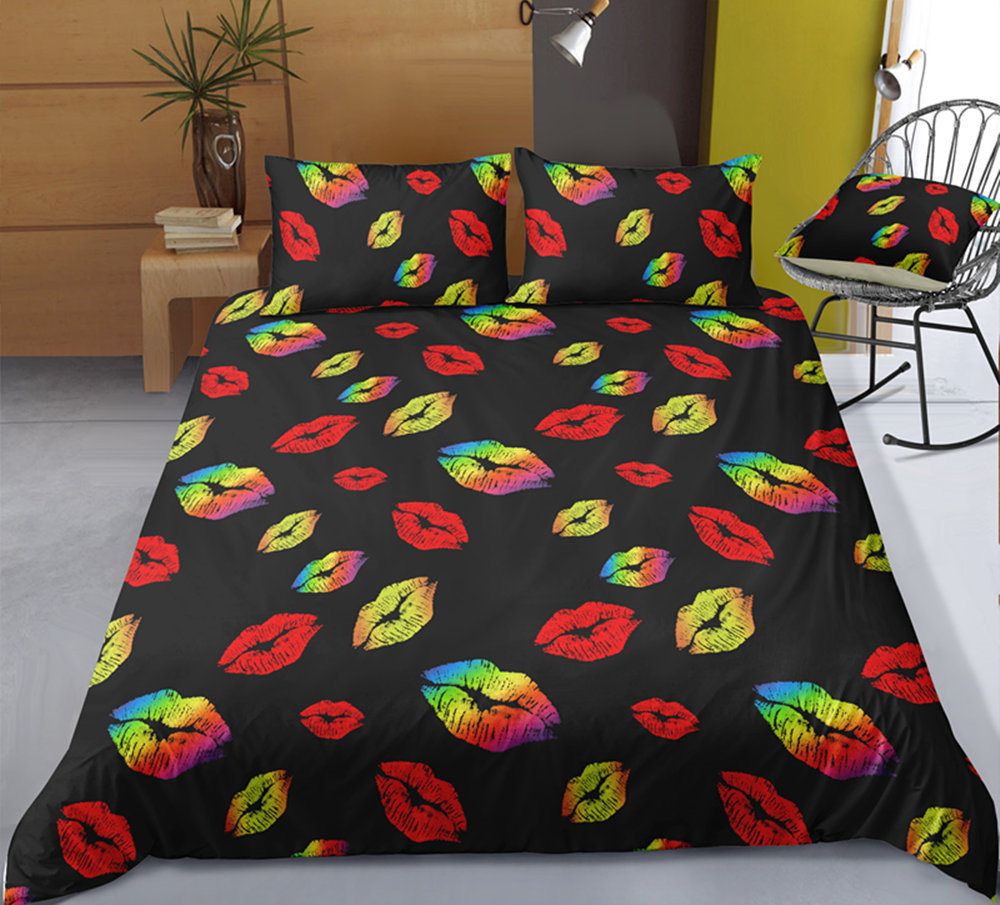 Girls Bedding Set Rainbow Lips Sexy Fashionable Black Duvet Cover