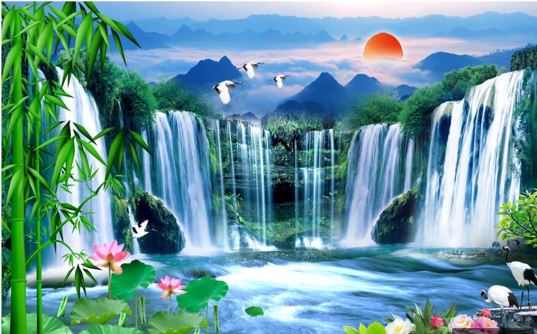 3d wallpapers beautiful scenery wallpapers Landscape waterfall bamboo lotus landscape painting nature landscape background wall 3d wallpapers beautiful scenery wallpapers Landscape waterfall bamboo lotus landscape painting nature landscape background wall
