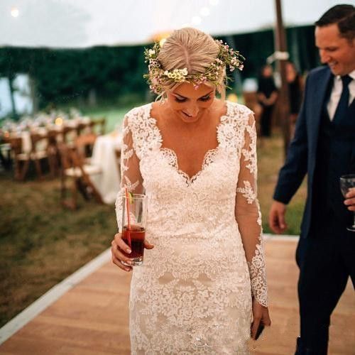 Acheter Style Champêtre Sirène Dentelle Manches Longues Robes De Mariée Vintage Col En V Balayage Train Robe De Mariée Robes De Mariée De 113 43 Du Romantic88 Fr Dhgate Com
