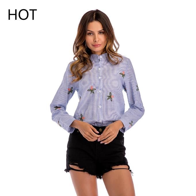 2019 Mujeres Blusas mujer Camisas casuales Soporte cuello Diseño de rayas clásico Estilo