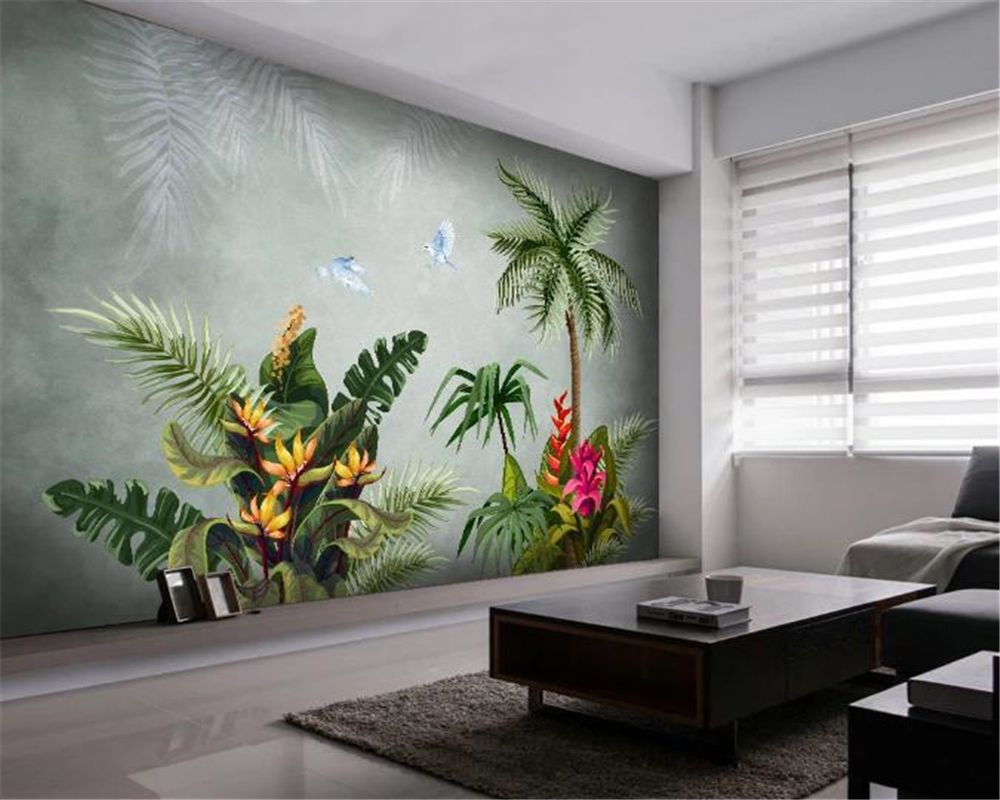 Home Decor 3d Wallpaper Medieval Hand Drawn Tropical Rain Forest Plants  Flowers Birds Interior Decoration Wallpaper