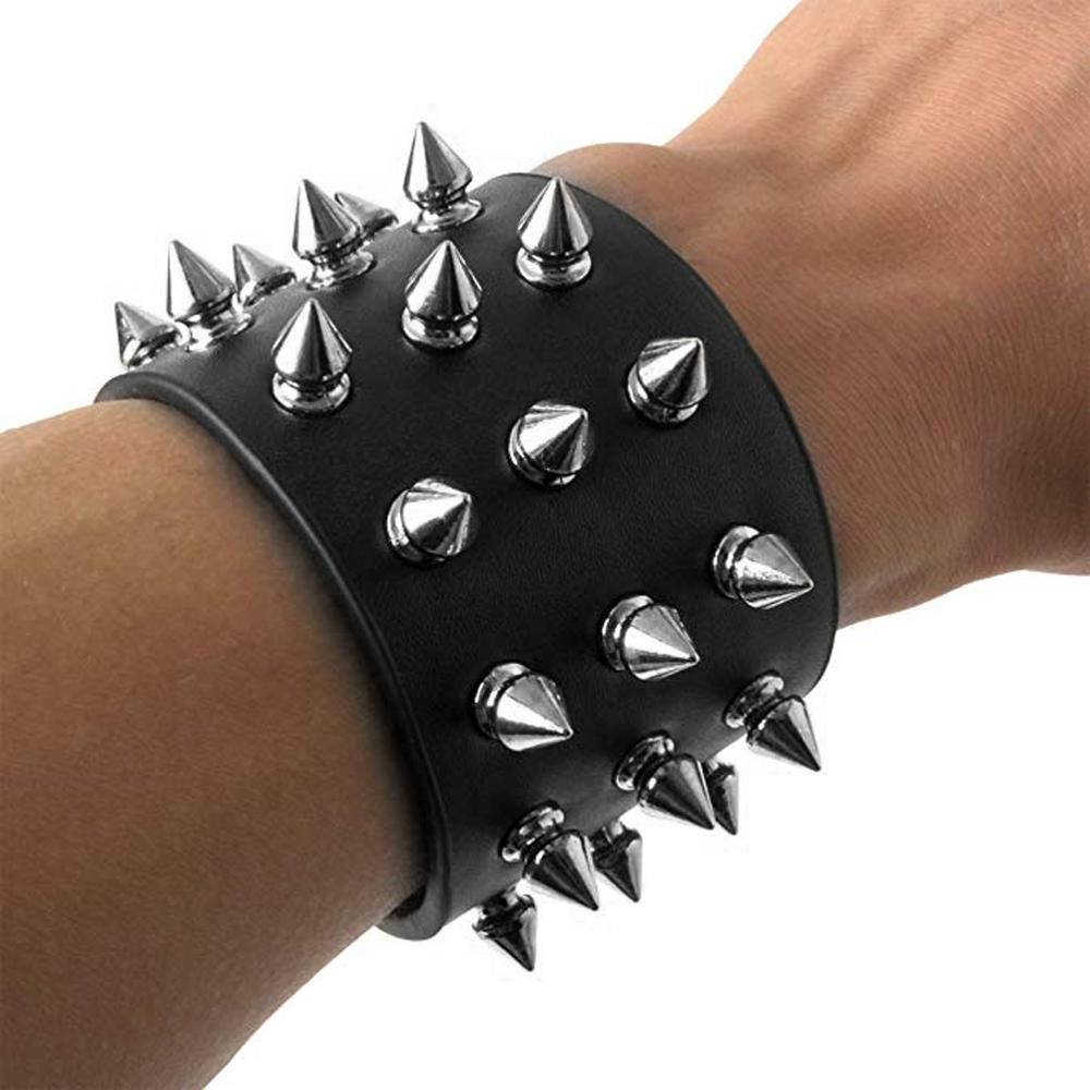 HZMAN Unisex Black Metal Spike Studded Punk Rock Biker Wide Strap Leather Bracelet