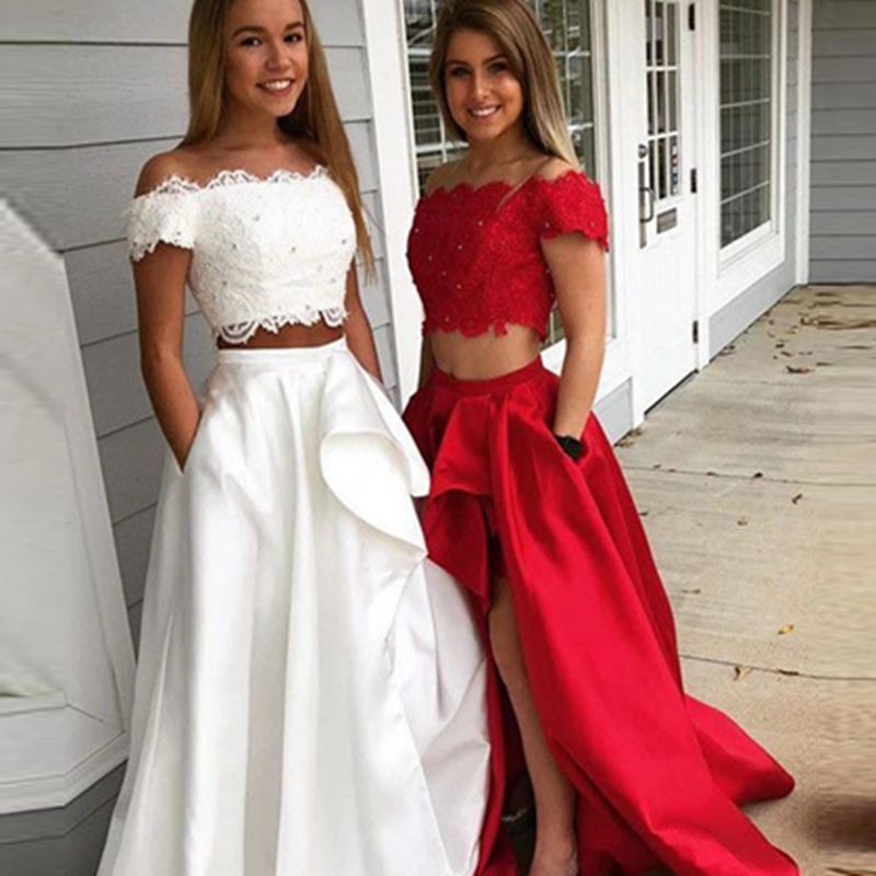 2 piece satin prom dress