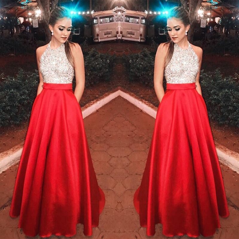 Compra Mujeres Remiendo Redwhite Lentejuelas Halter Noche Vestido Largo  Vestidos Para Damas Imperio Cintura Sin Espalda Elegante Vestido Femme  Barato | Entrega Rápida Y Calidad | Es.Dhgate