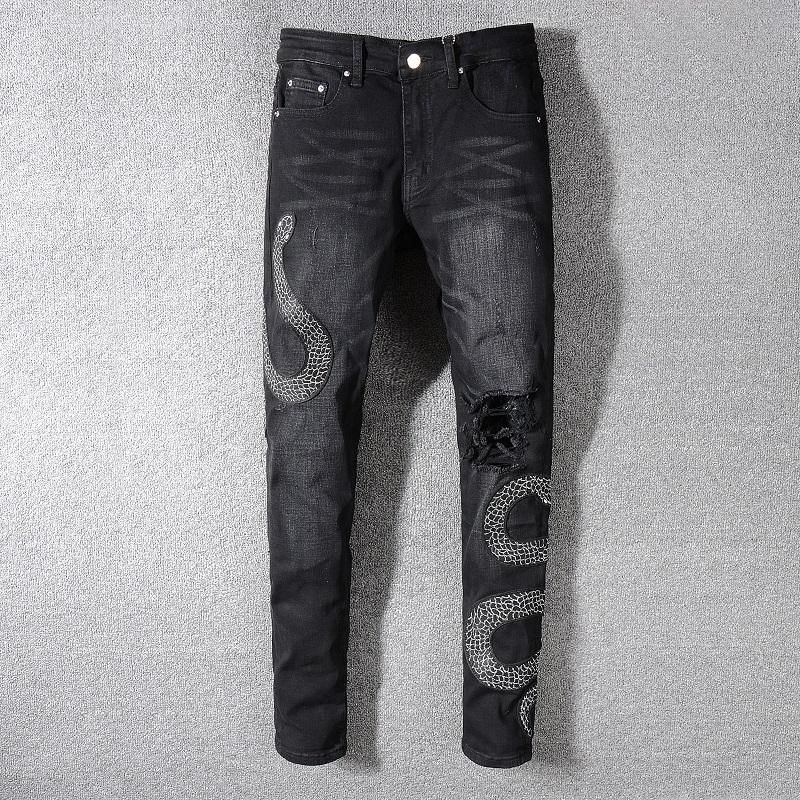 Acquistare Moda Uomo Designer Jeans Amiri Snake Ricamo Retro Slim Skinny  Jeans Uomo Strappato Hip Hop Streetwear Black Light Denim Jeans Economico |  Consegna Veloce E Qualità | It.Dhgate
