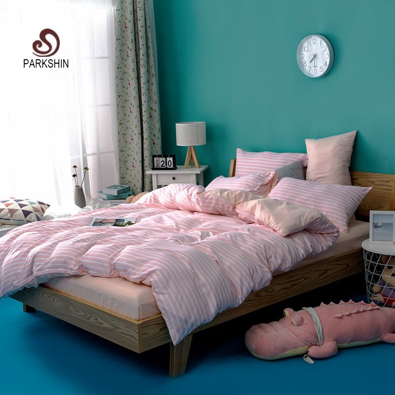 Parkshin Pink Striped Bedspread Double Bedding Set Girl Gift