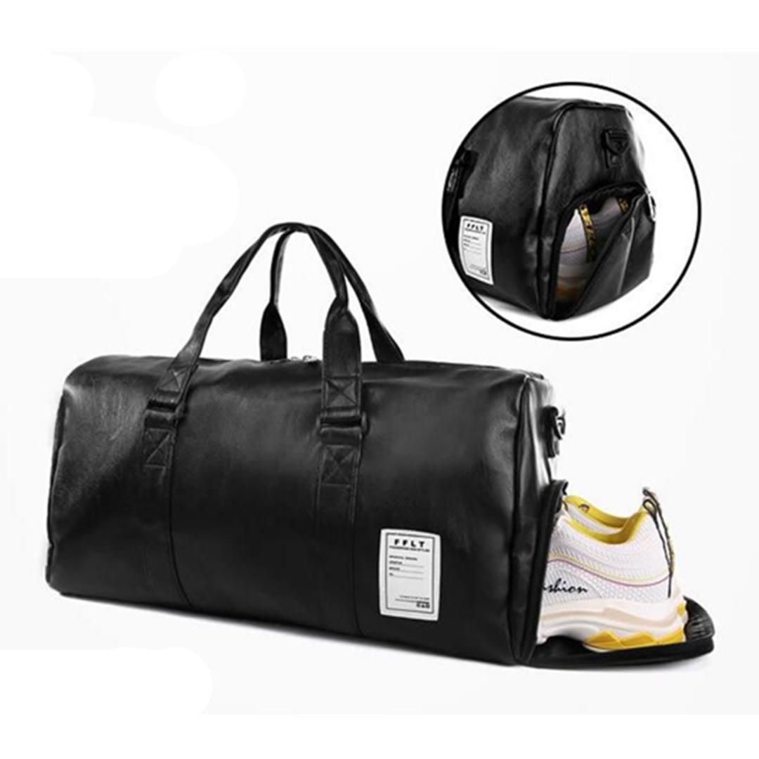 Outdoor Waterproof Travel Handbag Sports Gym Bags Cow PU Leather Messenger Bags Travel Crossbody Shoulder Bag Black