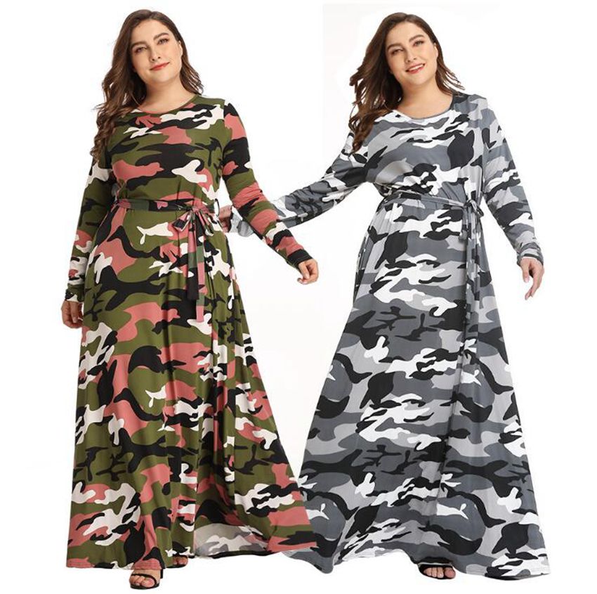 Women Camouflage Maxi Dress Plus Size Long Sleeve Lace Up Camo A Line ...