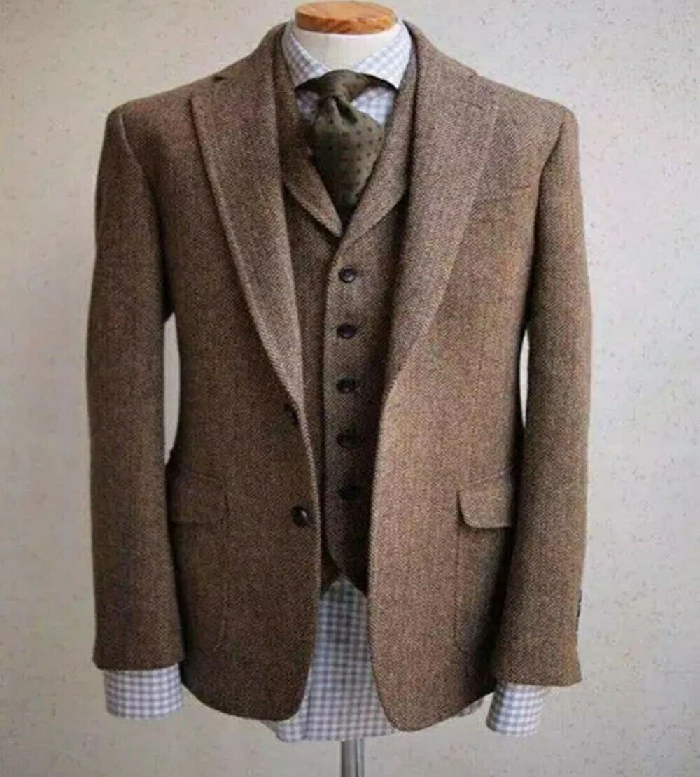 KIDS 5 PIECE FORMAL BROWN TWEED SUIT WEDDING PROM ITALIAN STYLE HERRINGBONE