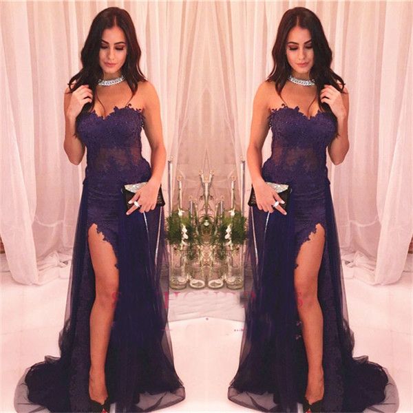 Acquista Abiti Da Sera Sexy Con Spacco Laterale Con Scollo A Cuore 2019  Applicazioni Abiti Da Sera Con Sirena In Pizzo Blu Scuro Vestito Da  Occasione Speciale Abiti Da Festa A 102,12