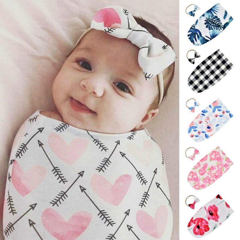 UK Newborn Baby Infant Swaddle Wrap Blanket Sleeping Bag Sleepsack Headnband//Hat