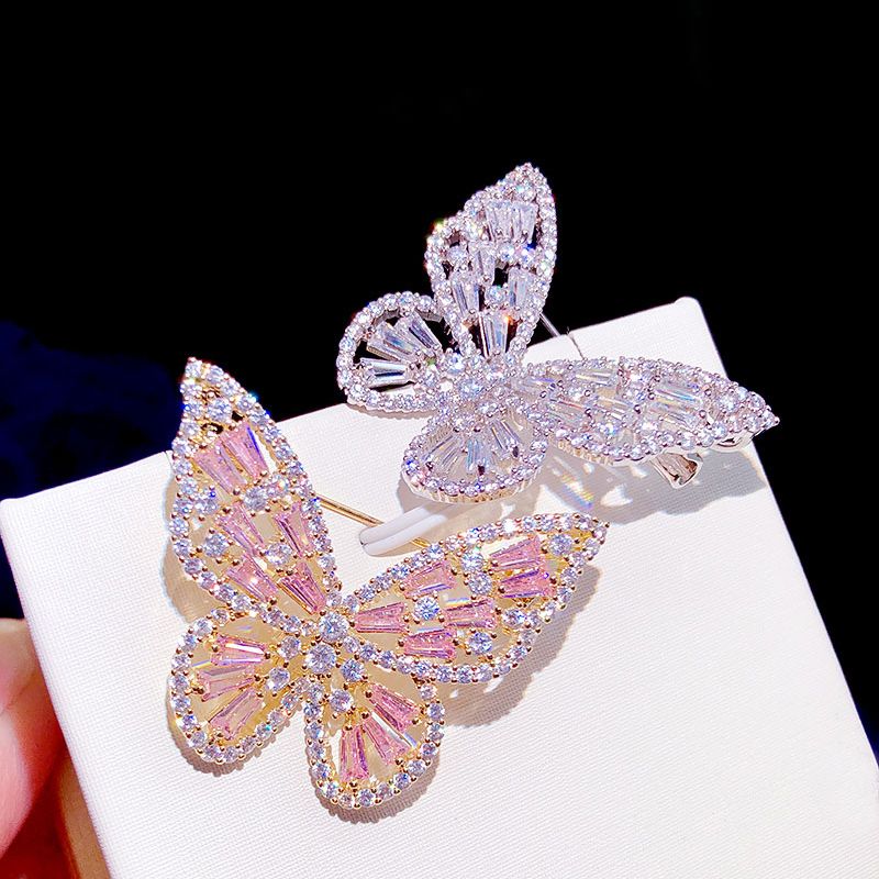 Stylish Pink Zircon Butterfly Brooch For Women With Silver Zircon ...