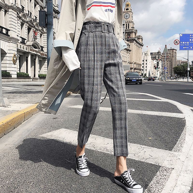 2020 Vintage Plaid Pants For Women Sashes Pencil Pant High Waist