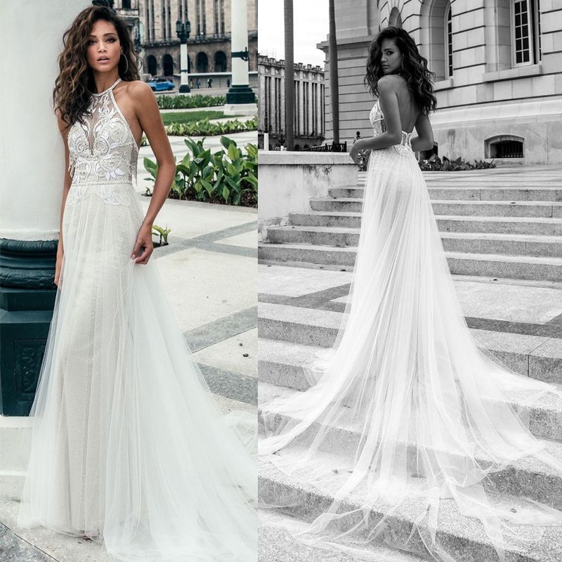 Discount Backless Halter Neck Beach Wedding Dresses Lace
