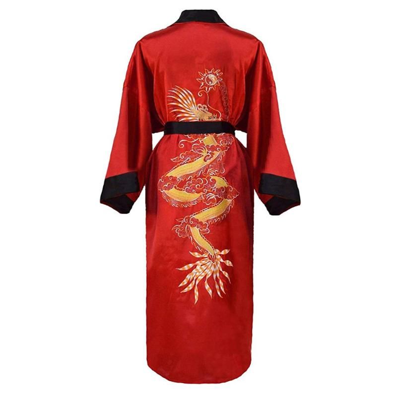 CBTLVSN Mens Loungewear Embroidery Dragon Long Sleeve Silk Mid Long Bathrobe 