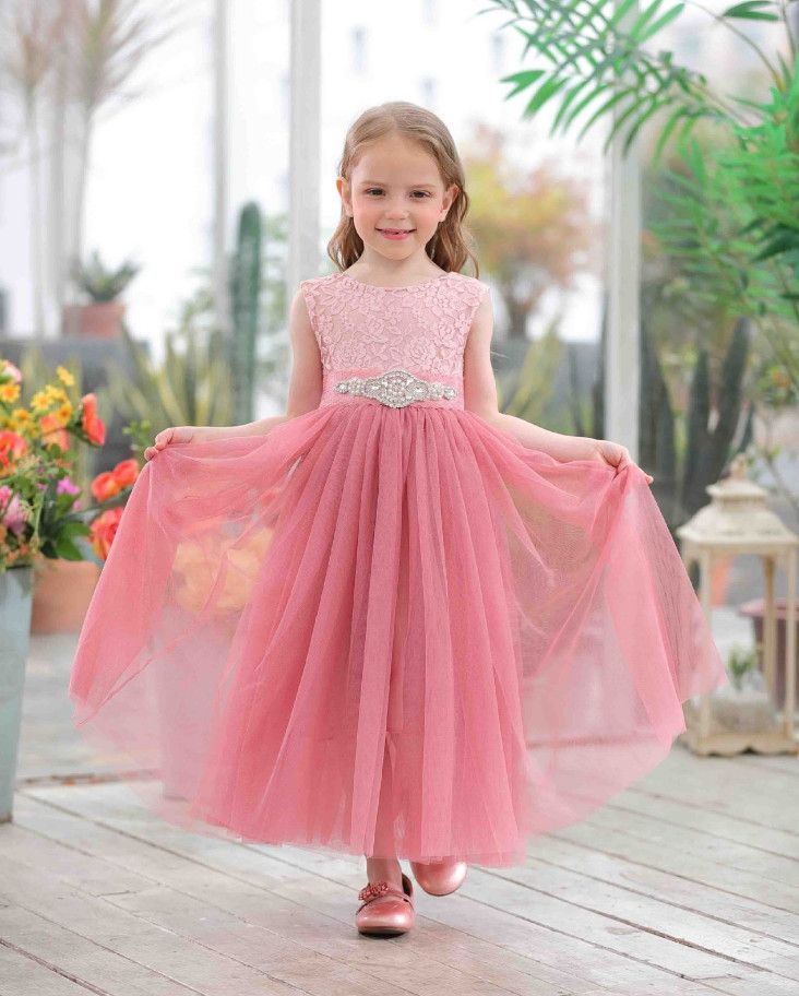 Vestido largo de tul de encaje para niñas gasa para niños cinturón de diamantes de imitación bordados vestido de princesa niños con cordones Arcos vestidos de respaldo F6310