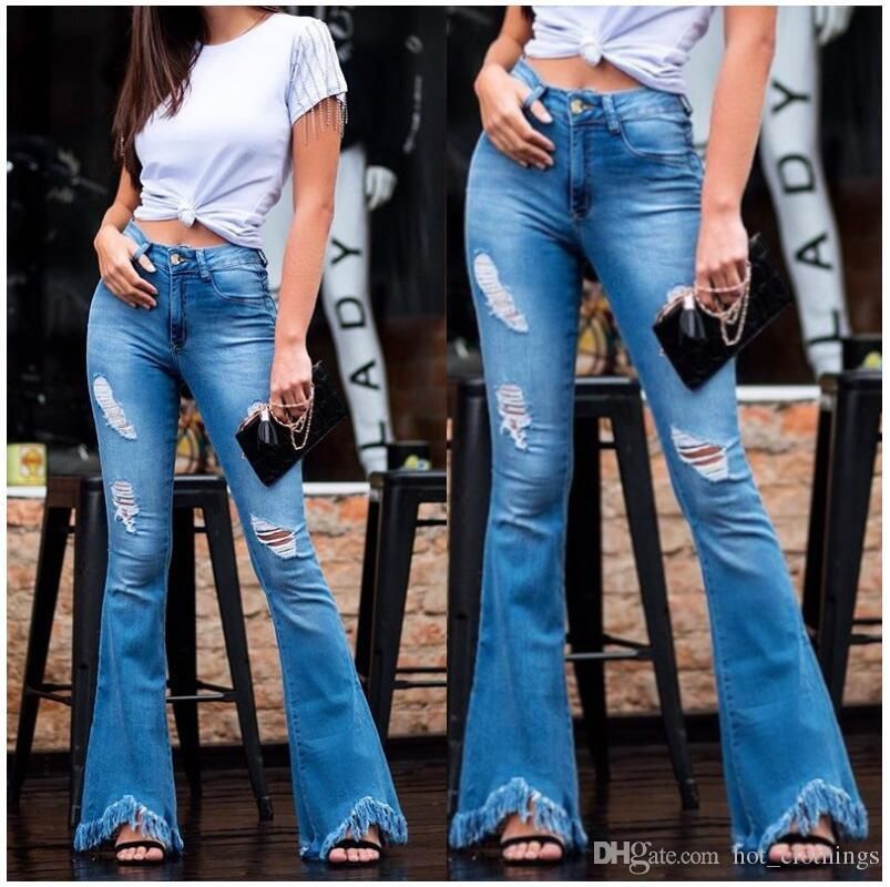 Compra Las Mujeres Acampanado Pantalones De Jean Rasgado Agujeros Flaco  Pierna Ancha Denim Jeans Pantalones De La Mujer Elásticos Mujer De Bell  Bottom Pant Barato | Entrega Rápida Y Calidad | Es.Dhgate
