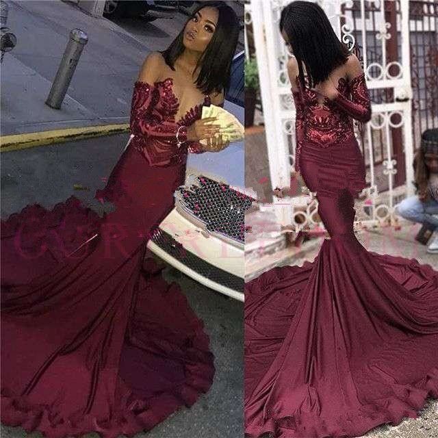 2019 Burgundy Black Girls Prom Dresses 
