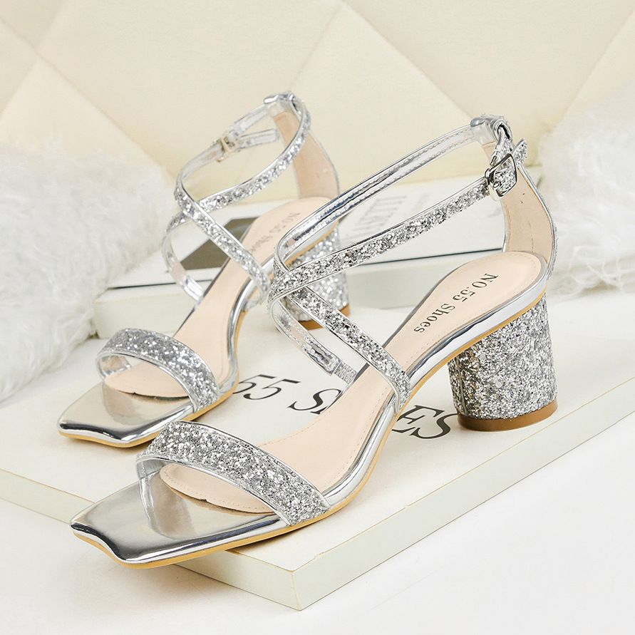 stylish sequin open toe chunky heeled sandals