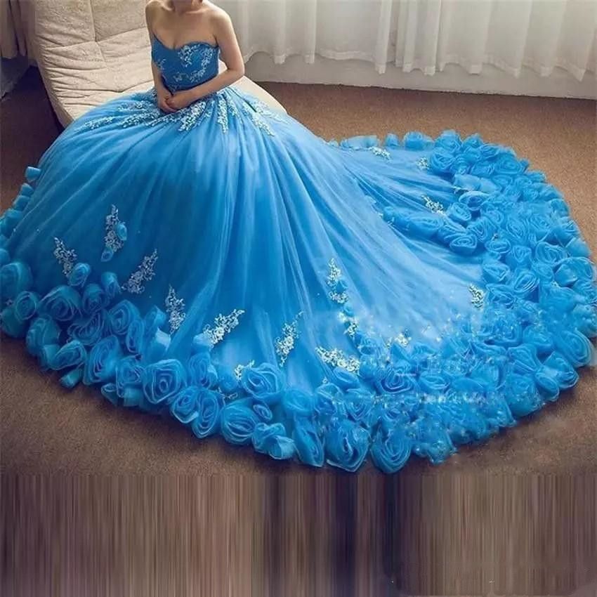 Azul tul quinceañera vestidos encaje apliques 3d mano hecha a mano bola vestido de barrido trenes Azul tul quinceañera vestidos encaje apliques 3d mano hecha a mano bola vestido de barrido trenes