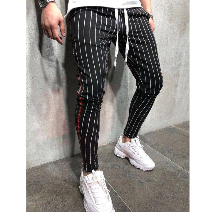 Mens Pants Slim Fit Striped Men Black 