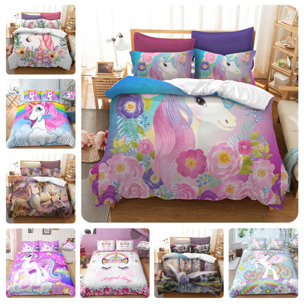 Denisroom Lovely Unicorn Bedding Set Children Gift Double Bed