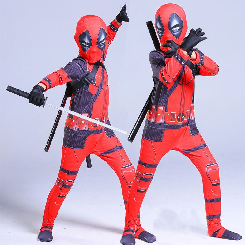 Halloween Karneval Cosplay Kostüm Kinder Jungen Deadpool Jumpsuit Maske Outfit