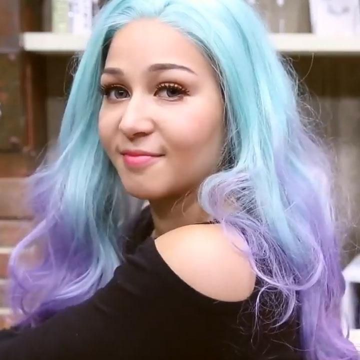 Long Wavy Light Blue Ombre Purple Synthetic Lace Front Wig Right