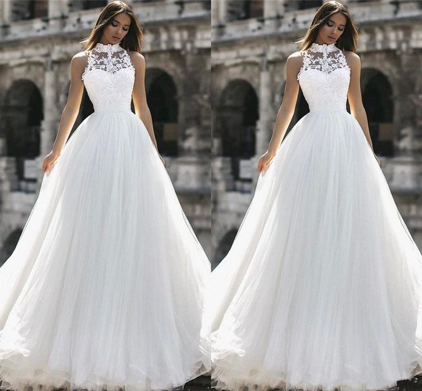 Compra 2019 Vintage Una Línea Vestidos De Novia De Playa De Cuello Alto Sin  Mangas De Línea Vestido De Novia Largo De Encaje Vestido De Novia Hecho A  Medida Barato | Entrega